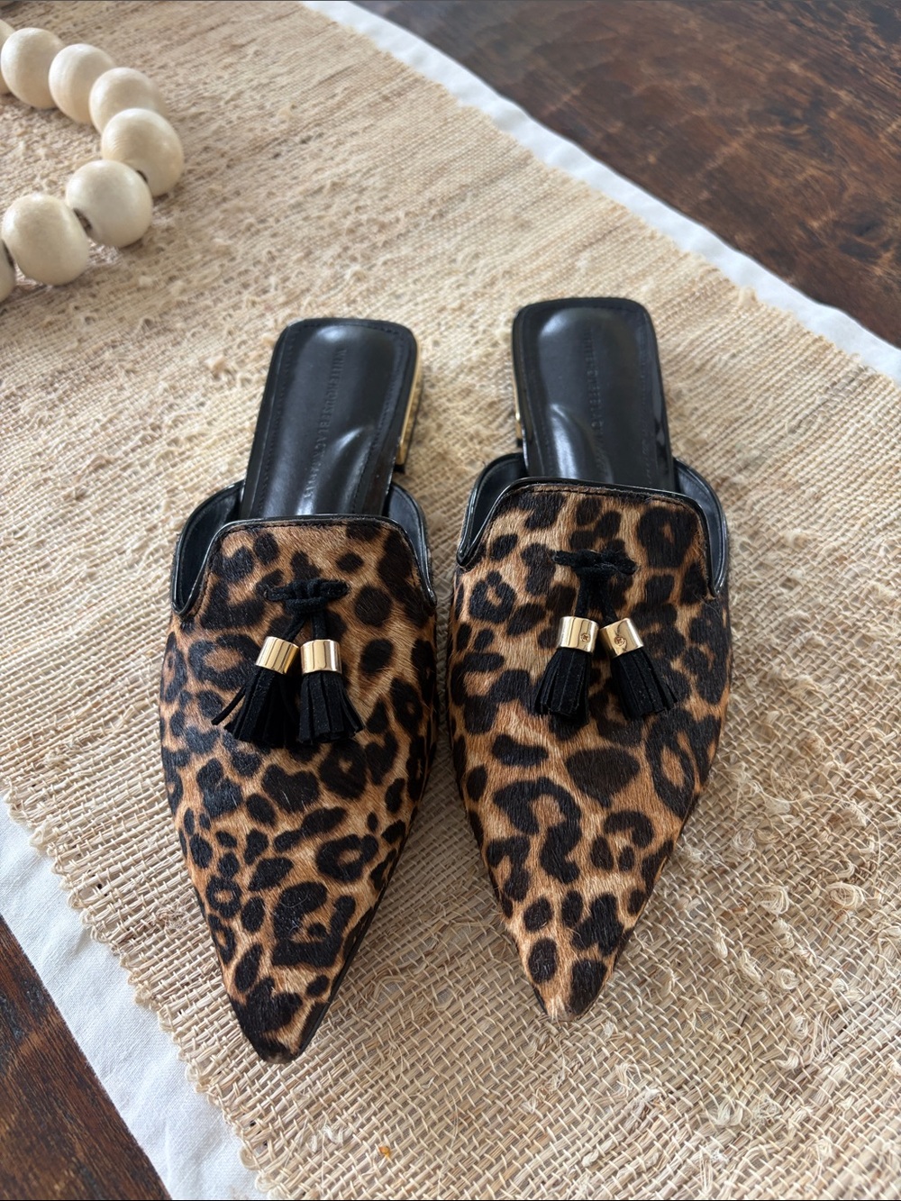 White House Black Market leopard Print Pointed Tassel Mules - Women